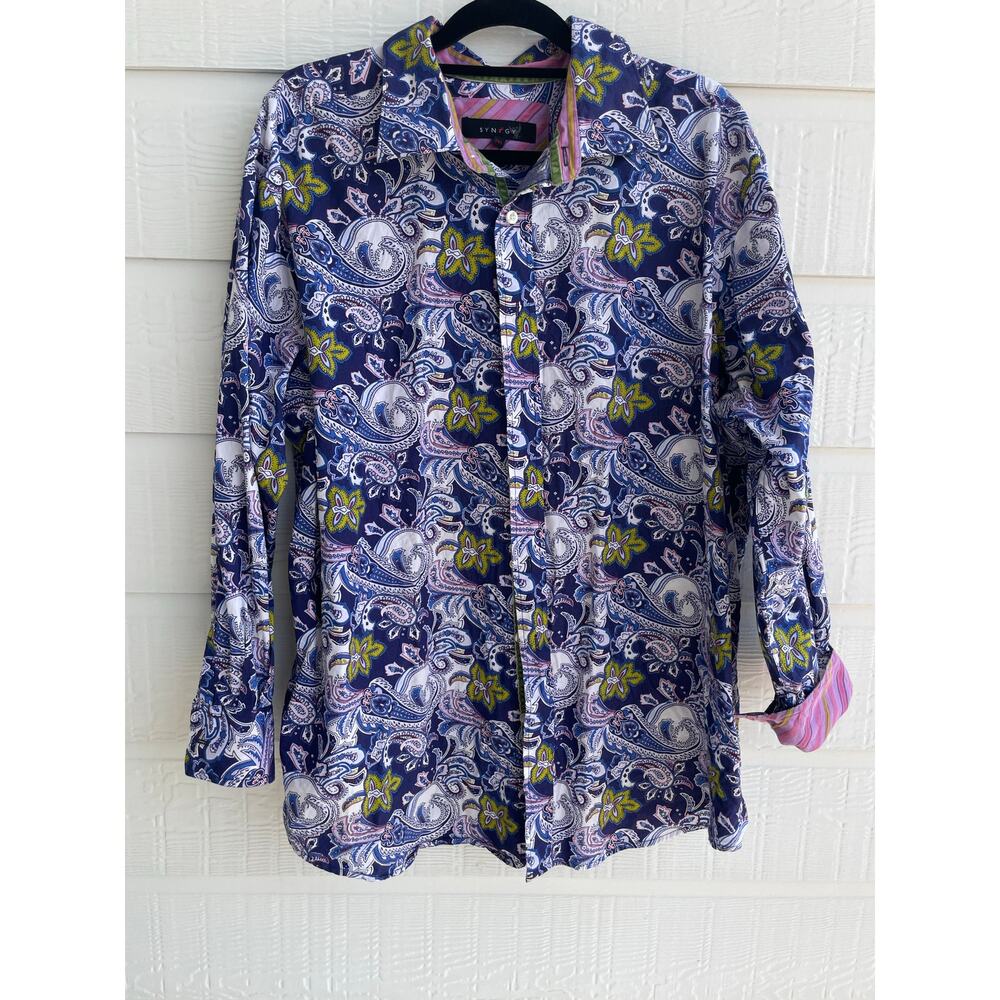 SYNRGY 2XL  navy and purple paisley floral button down dress shirt. 100% Cotton